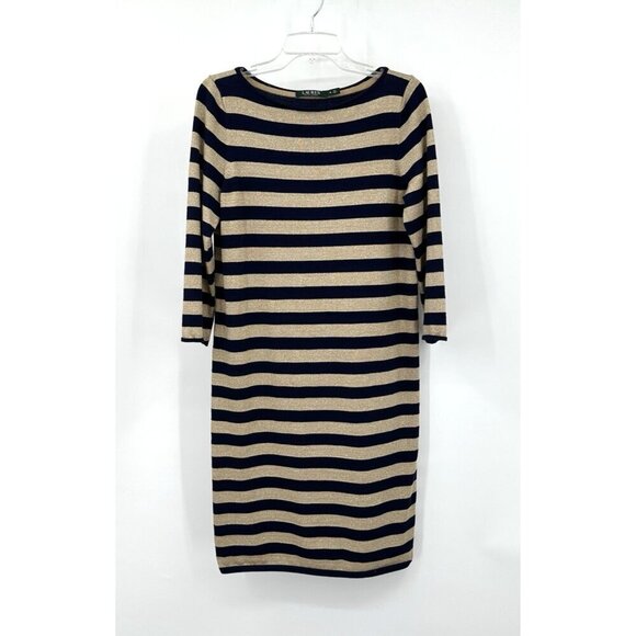 RALPH LAUREN sweater dress knit metallic gold stripe nautical maritime sailing M - Picture 1 of 7